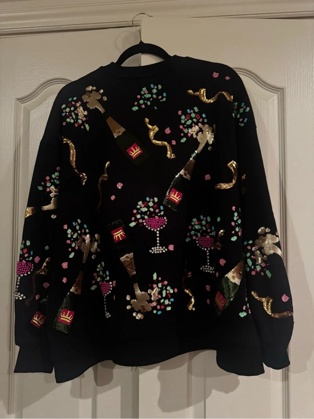 QUEEN OF SPARKLES Black Sequin Champagne Party Sweatshirt - Picture 2 of 2